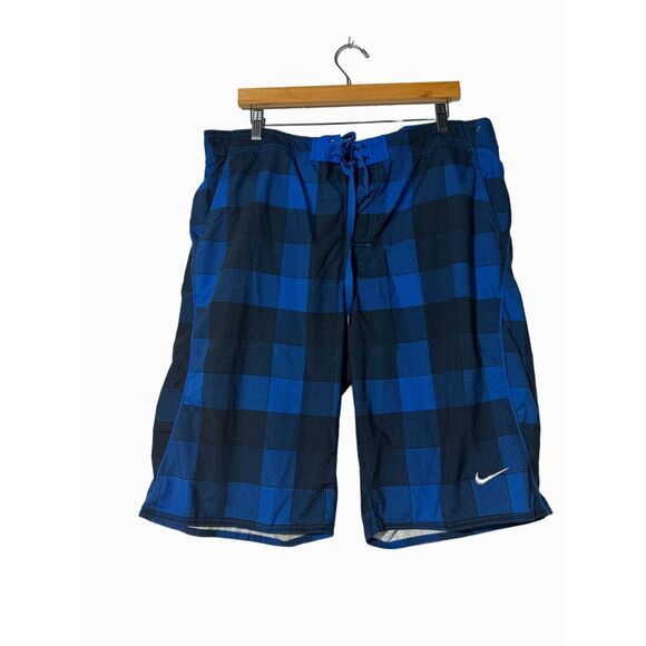 Nike Swim Trunks Beach Coastal Resort Wear Blue/Black Plaid Tie Front Size 38 - Picture 1 of 9